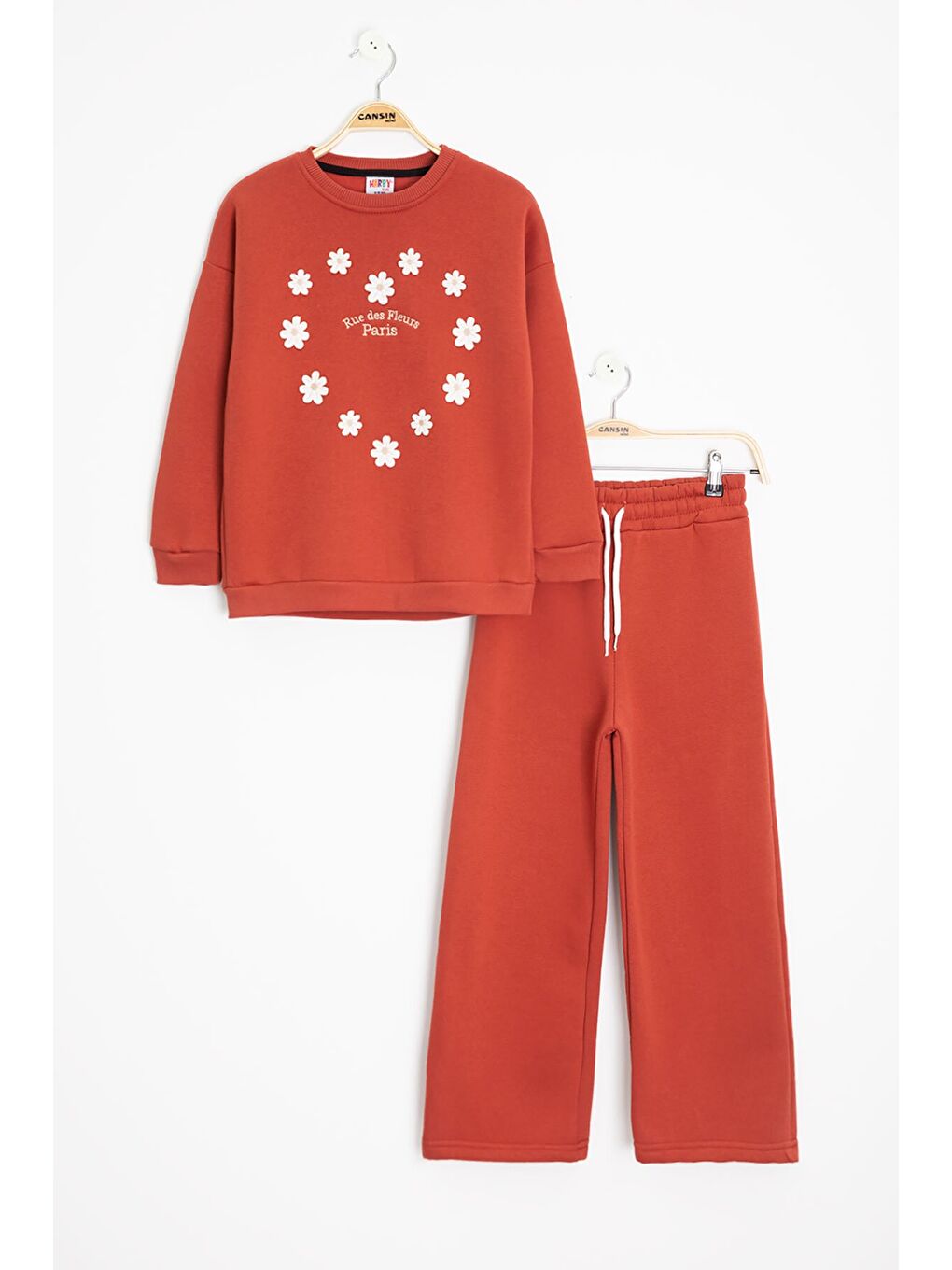 Kahverengi Kiremit Çiçek Nakışlı Şardonlu Kız Çocuk Geniş Paça Eşofman Takımı 23348-1