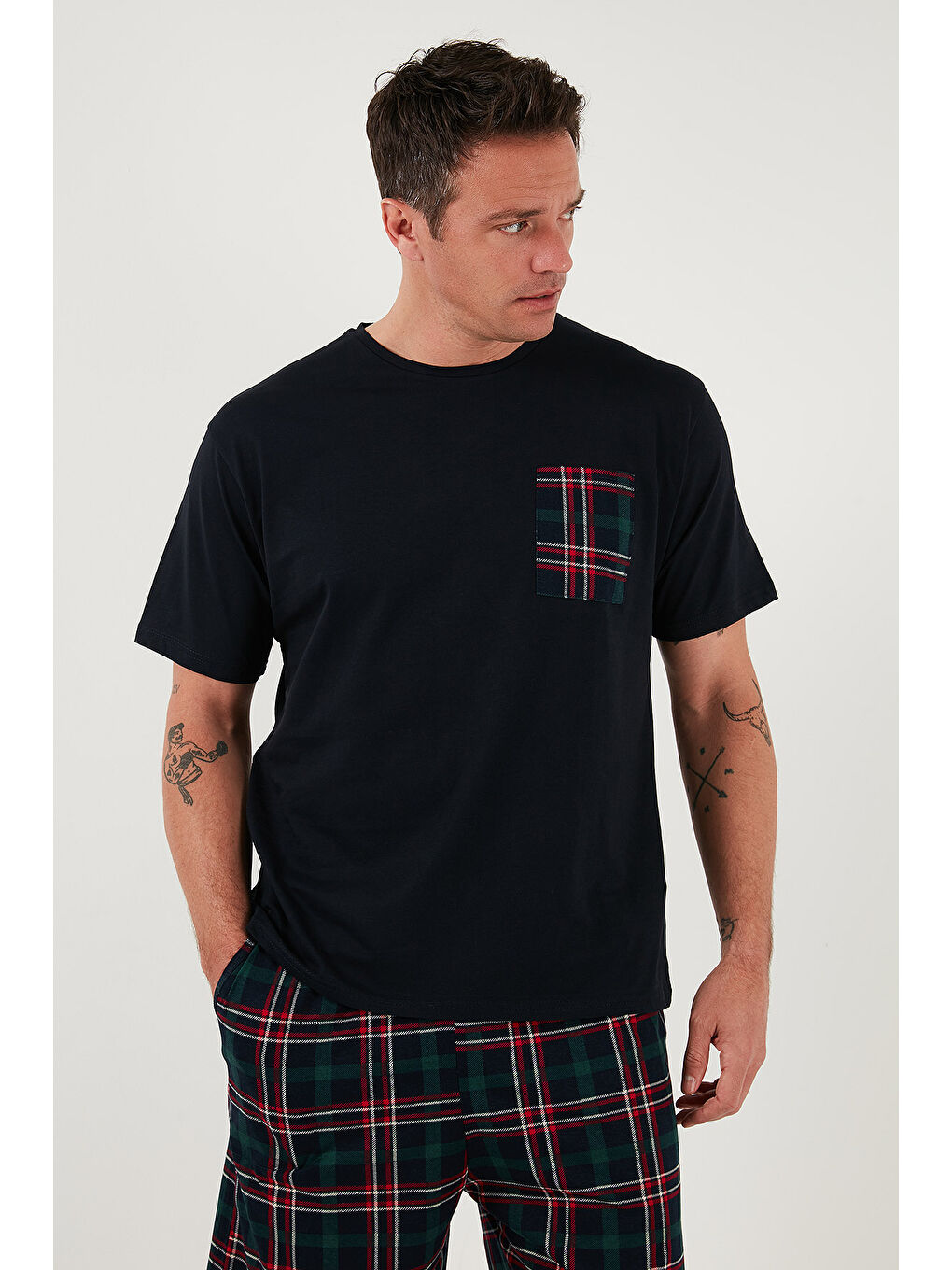 Lacivert Kareli Regular Fit Pamuklu Bisiklet Yaka Kısa Kollu Şortlu Pijama Takımı 6572020-3