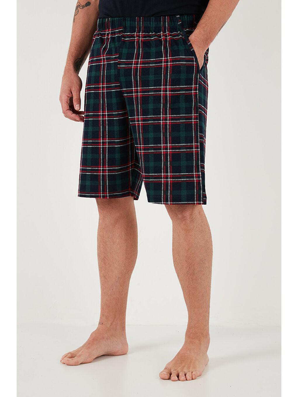 Lacivert Kareli Regular Fit Pamuklu Bisiklet Yaka Kısa Kollu Şortlu Pijama Takımı 6572020-4