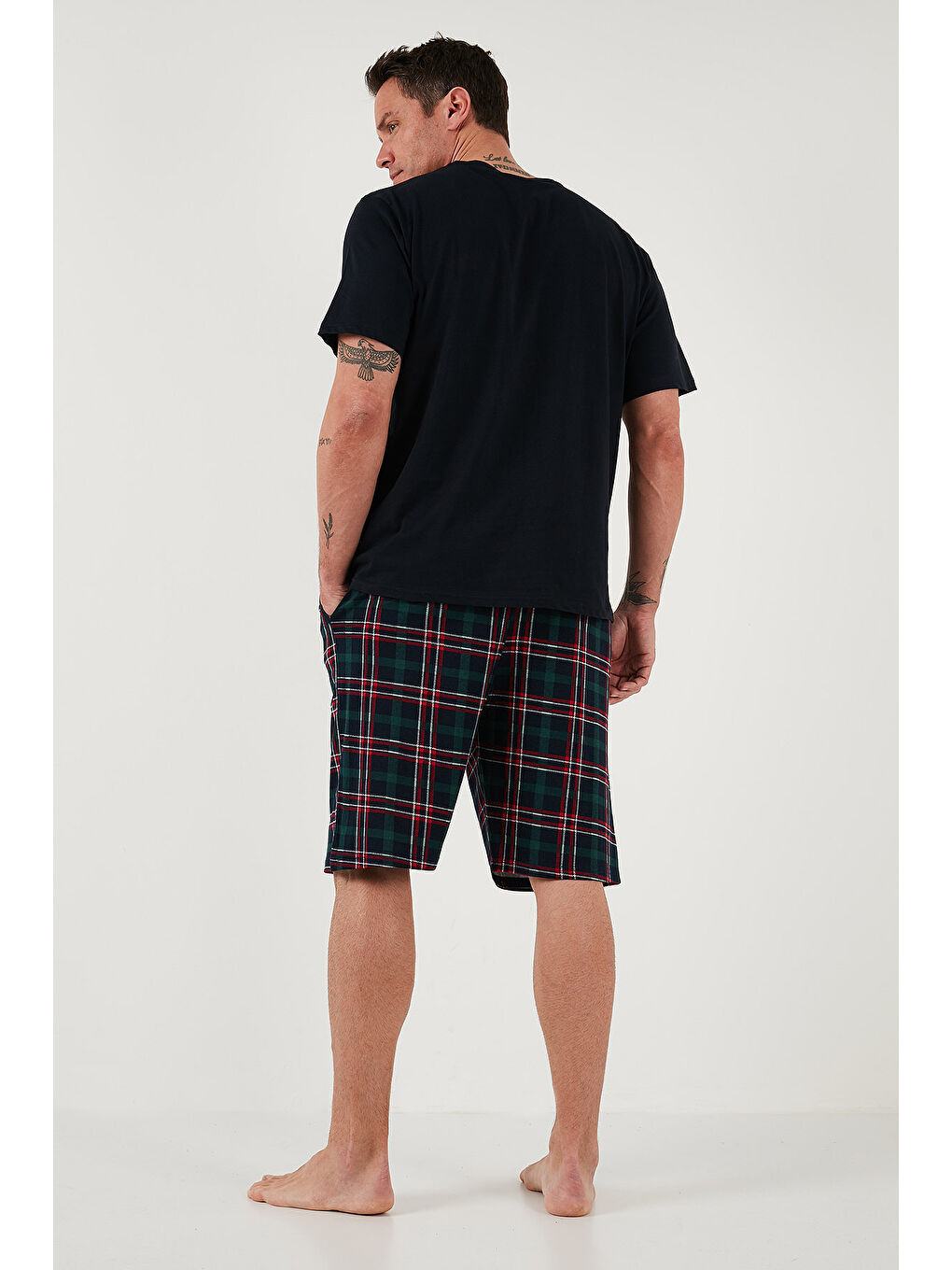 Lacivert Kareli Regular Fit Pamuklu Bisiklet Yaka Kısa Kollu Şortlu Pijama Takımı 6572020-6