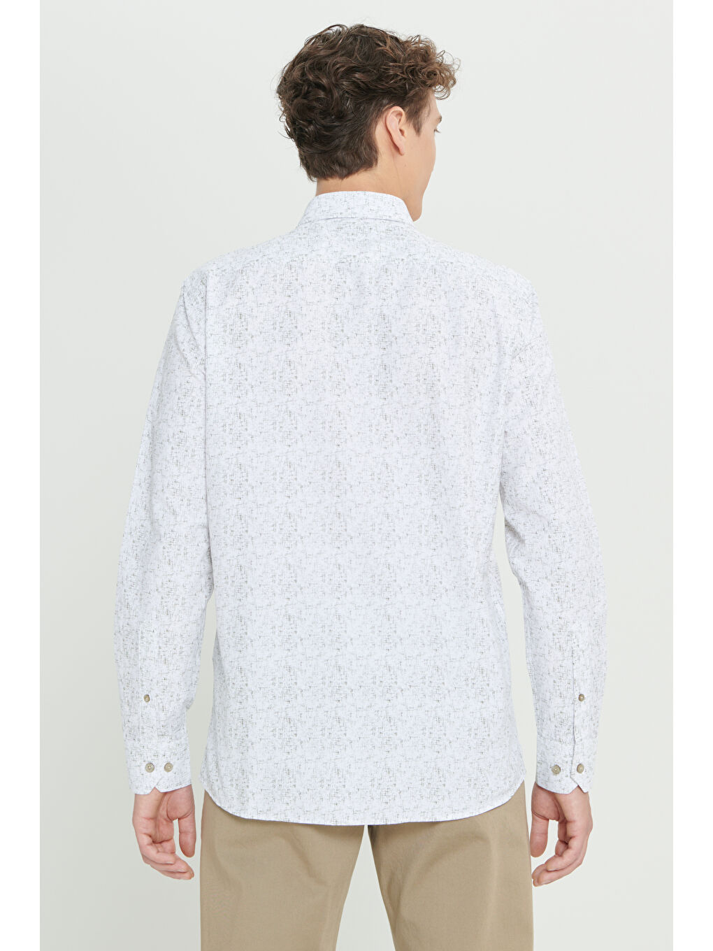 Erkek Beyaz-Haki Slim Fit Dar Kesim Klasik Yaka Pamuklu Armürlü Gömlek-5