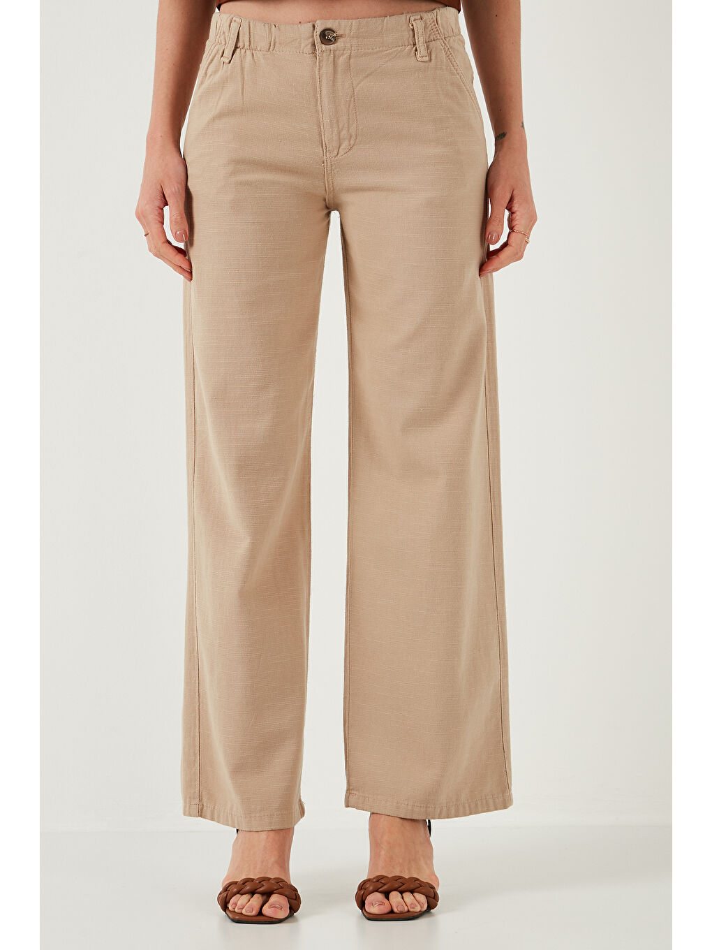 Sarı Pamuklu Standart Fit Yüksek Bel Geniş Paça Pantolon 668Yp5193-1