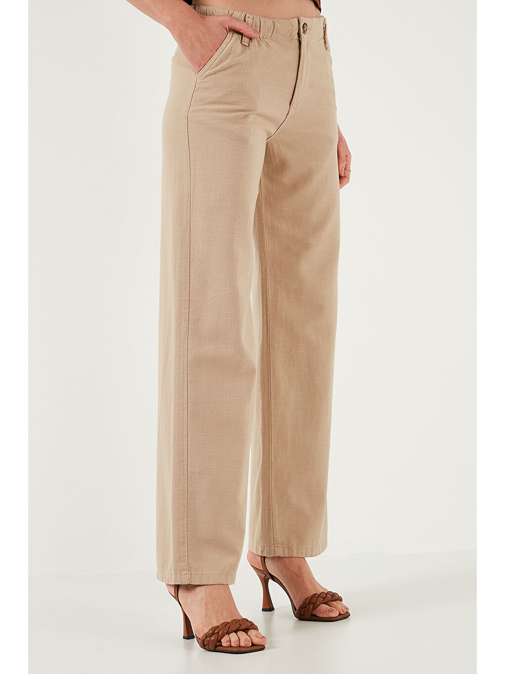 Sarı Pamuklu Standart Fit Yüksek Bel Geniş Paça Pantolon 668Yp5193-3