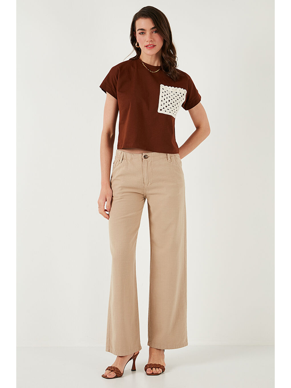 Sarı Pamuklu Standart Fit Yüksek Bel Geniş Paça Pantolon 668Yp5193-4