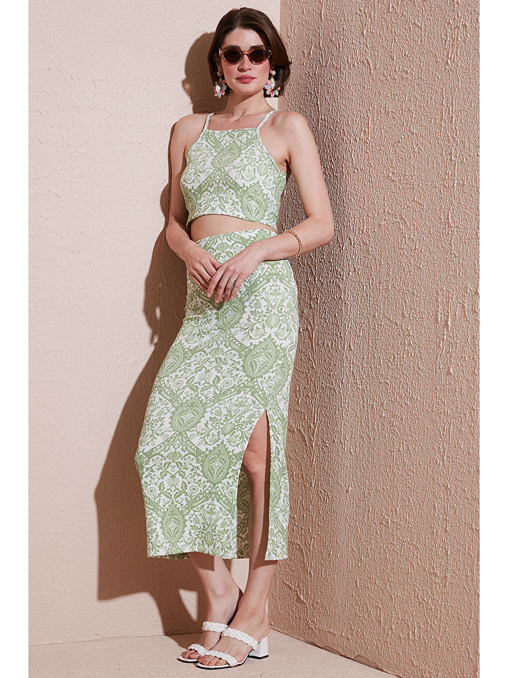 Yeşil Slim Fit İp Askılı Yırtmaçlı Midi Alt-Üst Takım 5869021