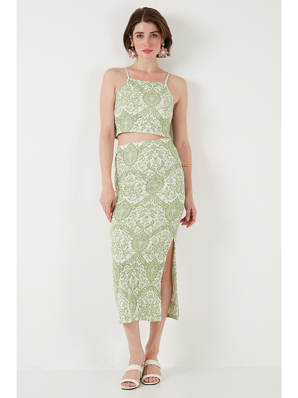 Yeşil Slim Fit İp Askılı Yırtmaçlı Midi Alt-Üst Takım 5869021-2