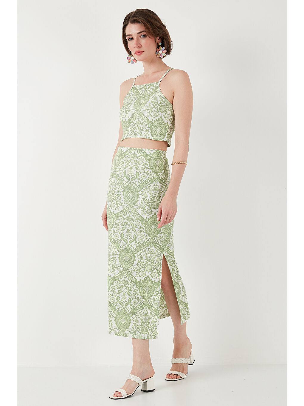 Yeşil Slim Fit İp Askılı Yırtmaçlı Midi Alt-Üst Takım 5869021-3