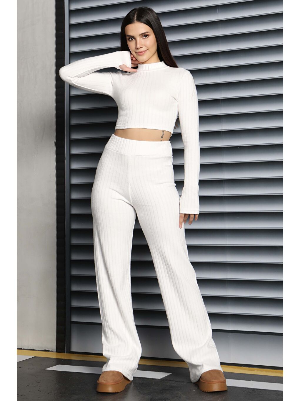 Parmak Geçmeli Kaşkorse İkili Takım Beyaz - 27820-BEYAZ-4