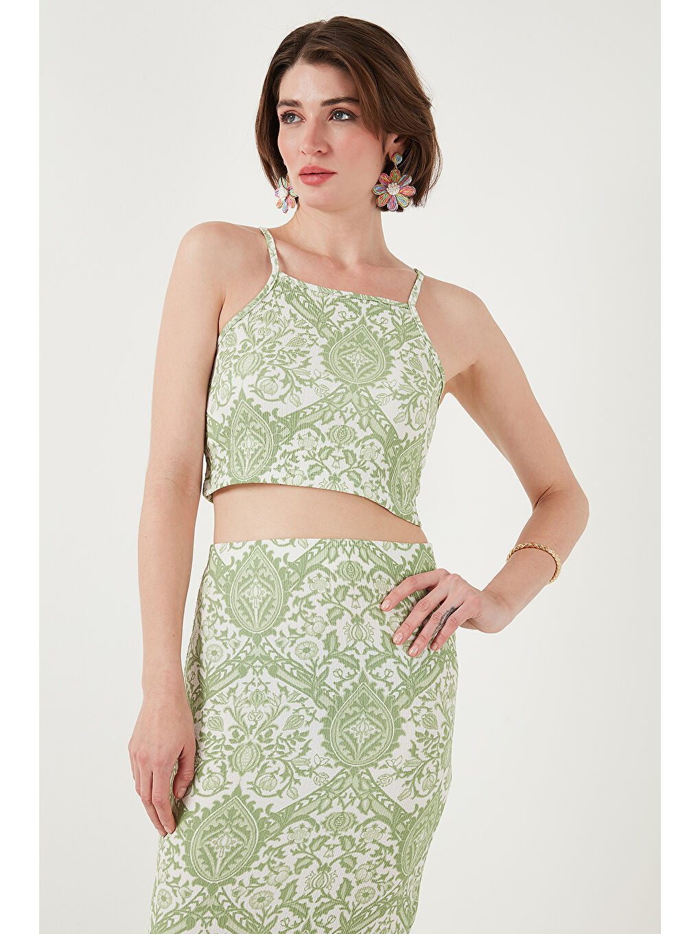 Yeşil Slim Fit İp Askılı Yırtmaçlı Midi Alt-Üst Takım 5869021-4