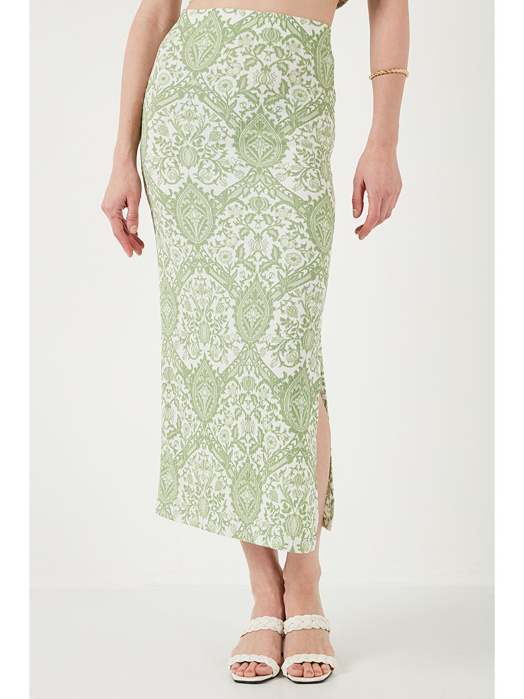 Yeşil Slim Fit İp Askılı Yırtmaçlı Midi Alt-Üst Takım 5869021-5