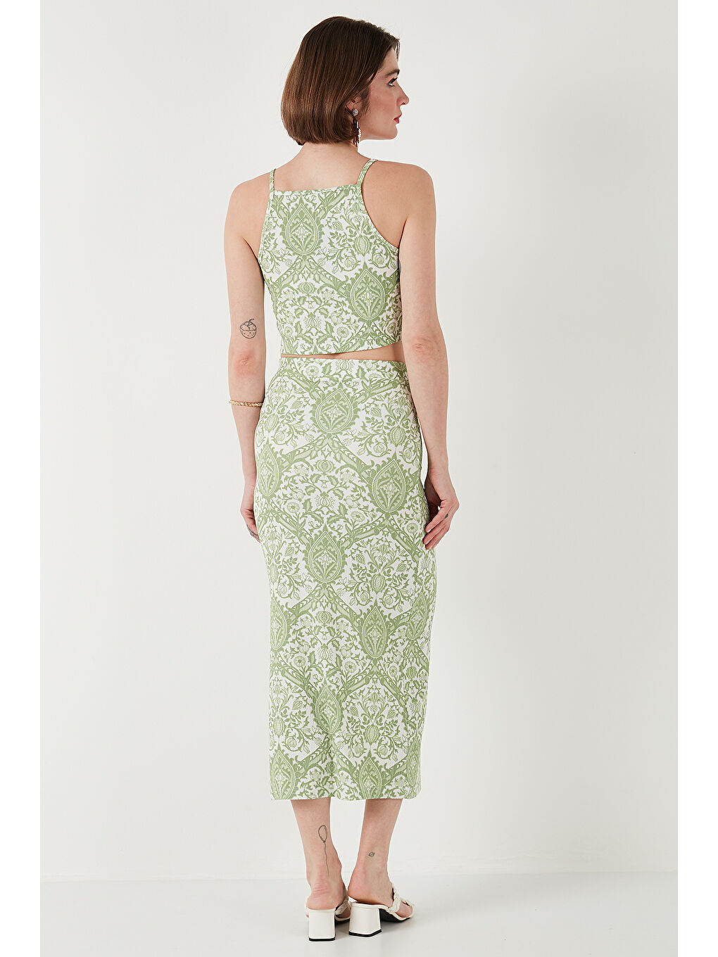 Yeşil Slim Fit İp Askılı Yırtmaçlı Midi Alt-Üst Takım 5869021-6