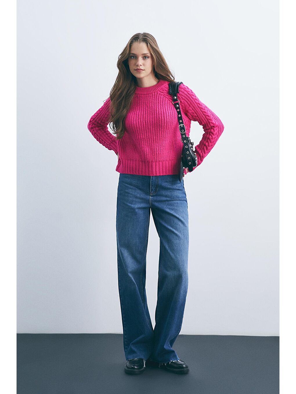 Fuşya Bisiklet Yaka Saç Örgülü Yumuşak Tuşeli Kazak-3