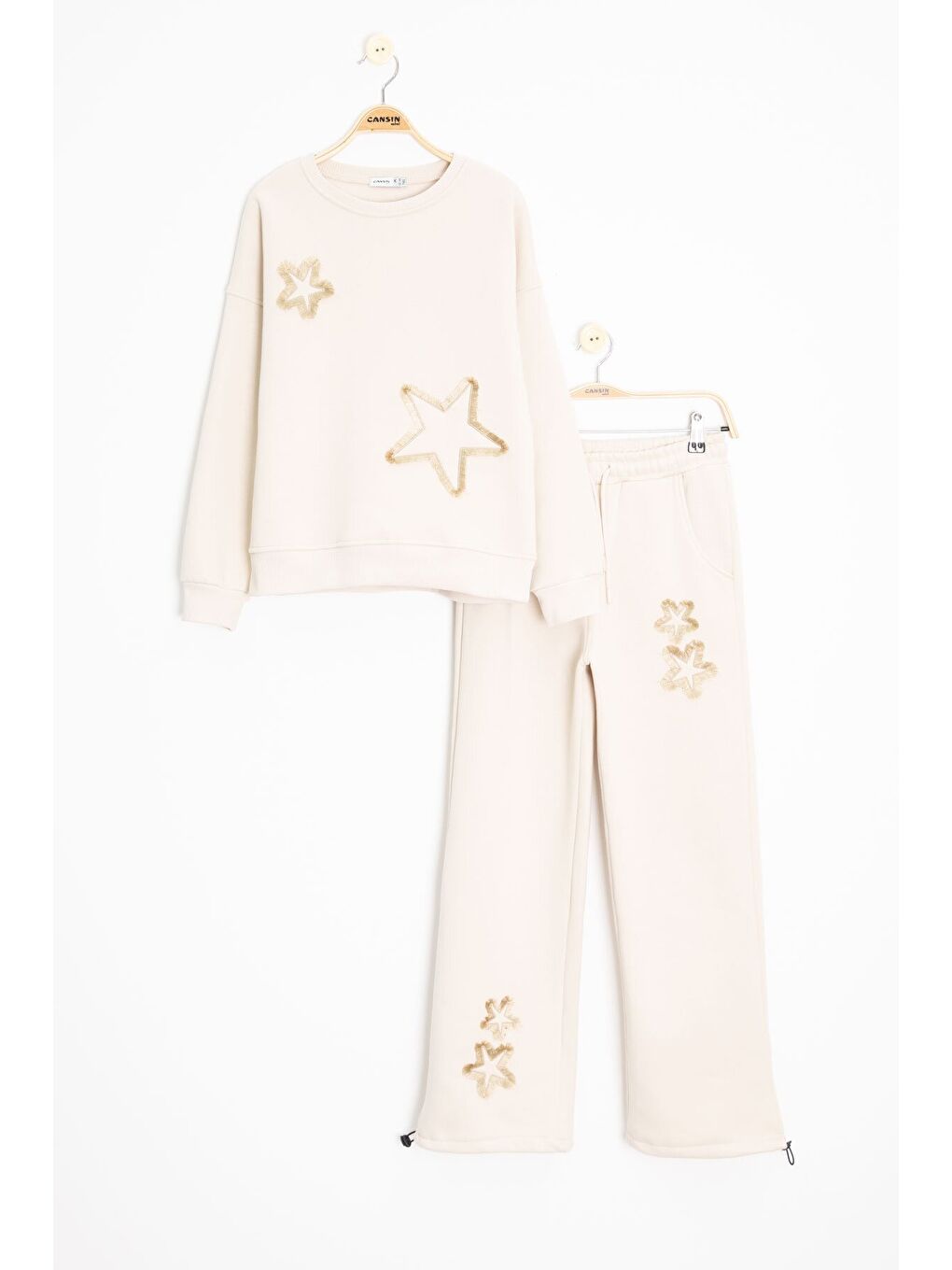 Ekru Krem Yıldız Desenli Geniş Paça Şardonlu Kız Çocuk Eşofman Takımı 23363-3