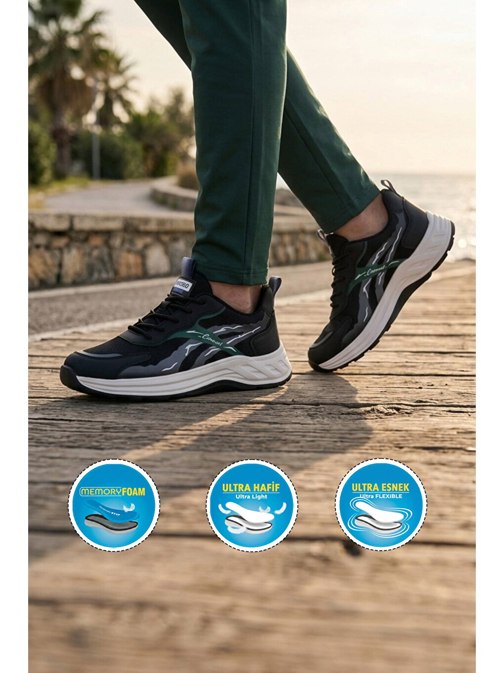 Siyah Fileli Memory Foam Erkek Günlük Spor Ayakkabı Hafif Esnek Sneaker E275 M