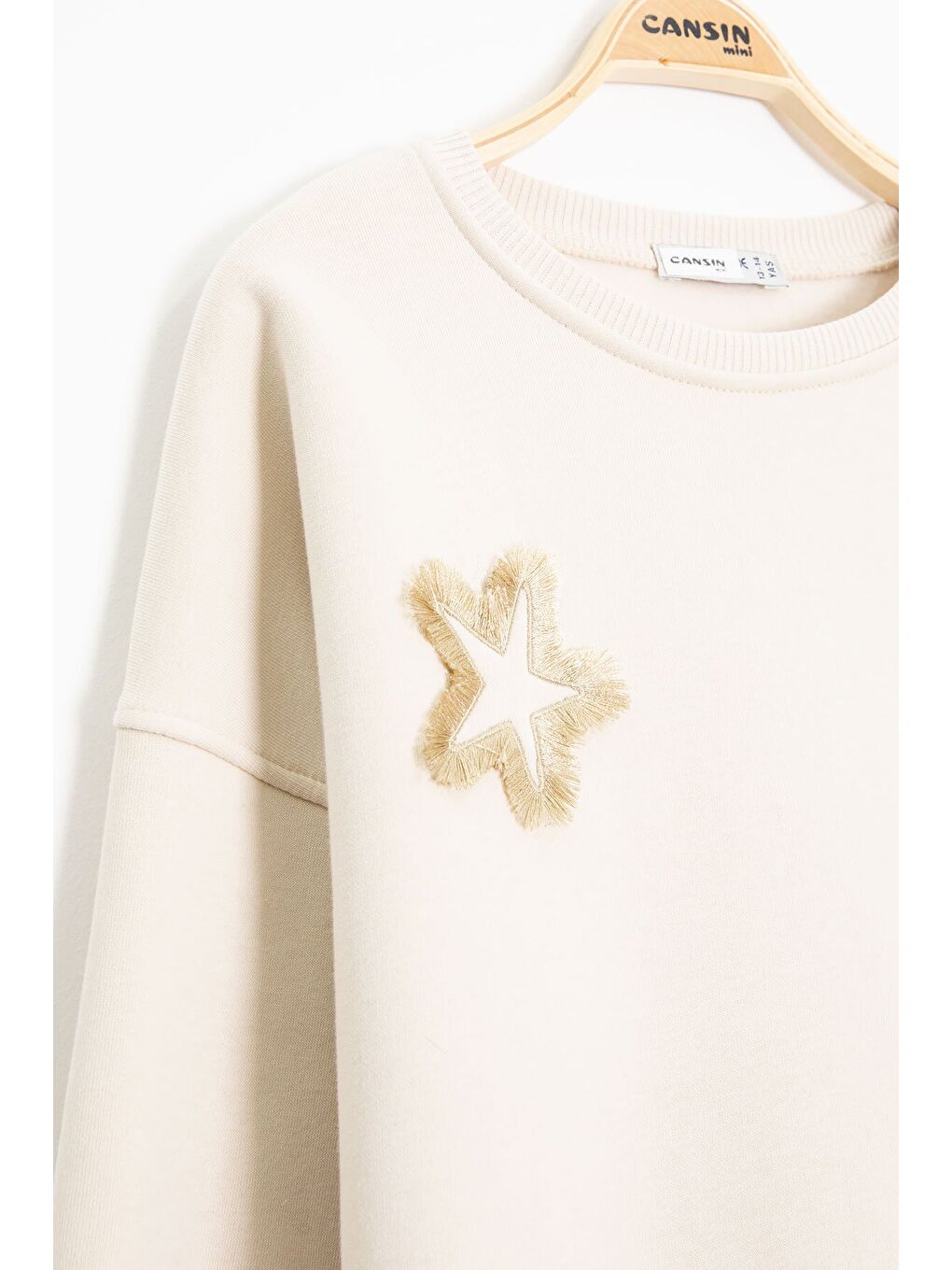 Ekru Krem Yıldız Desenli Geniş Paça Şardonlu Kız Çocuk Eşofman Takımı 23363-4