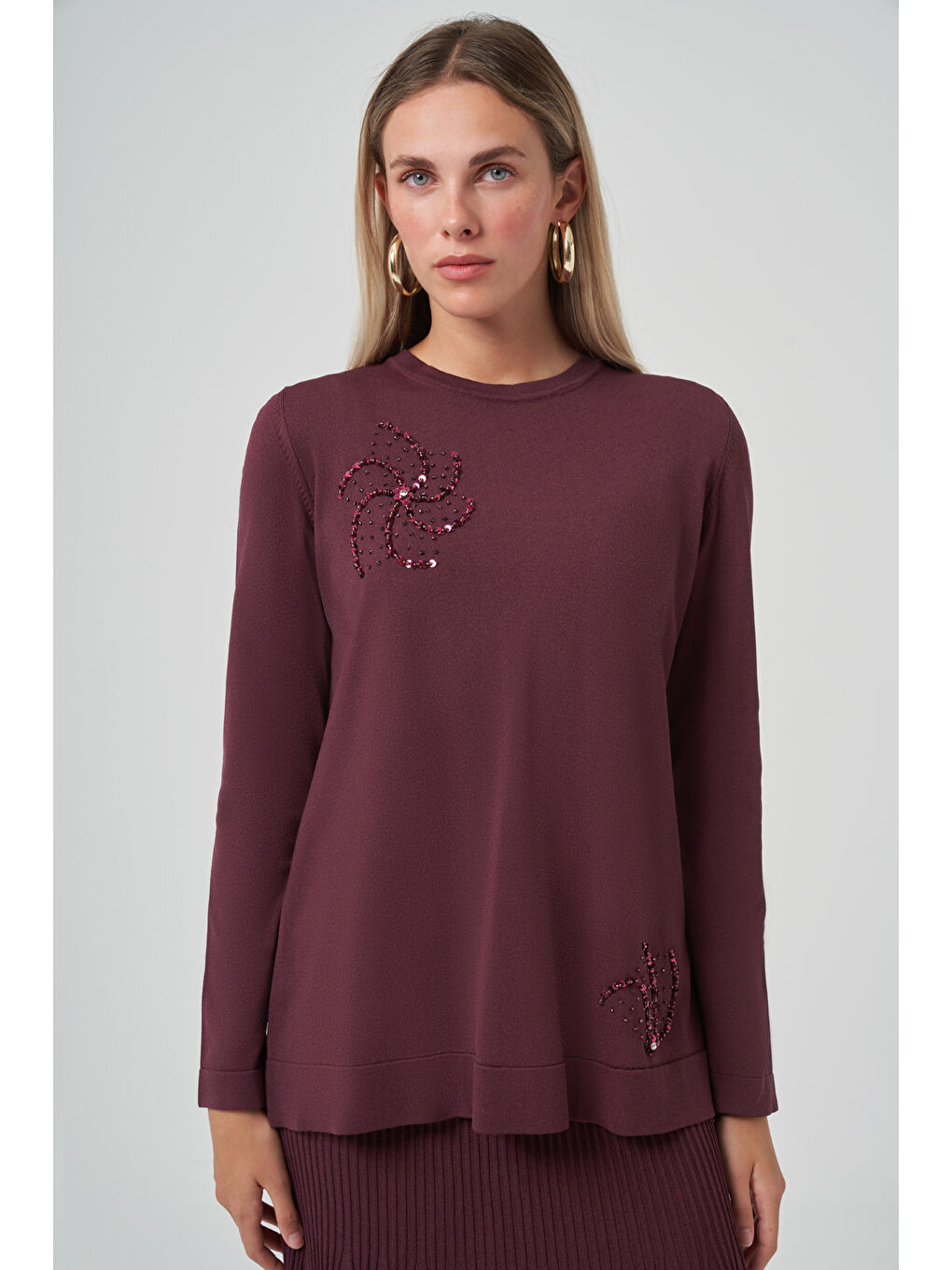 Kırmızı Taş Detay Etekli Triko Takım 1352 Vişne-1