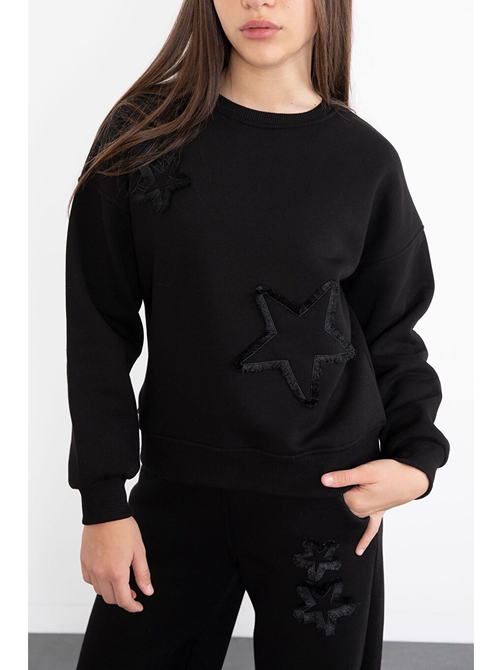 Siyah Yıldız Desenli Geniş Paça Şardonlu Kız Çocuk Eşofman Takımı 23361-2