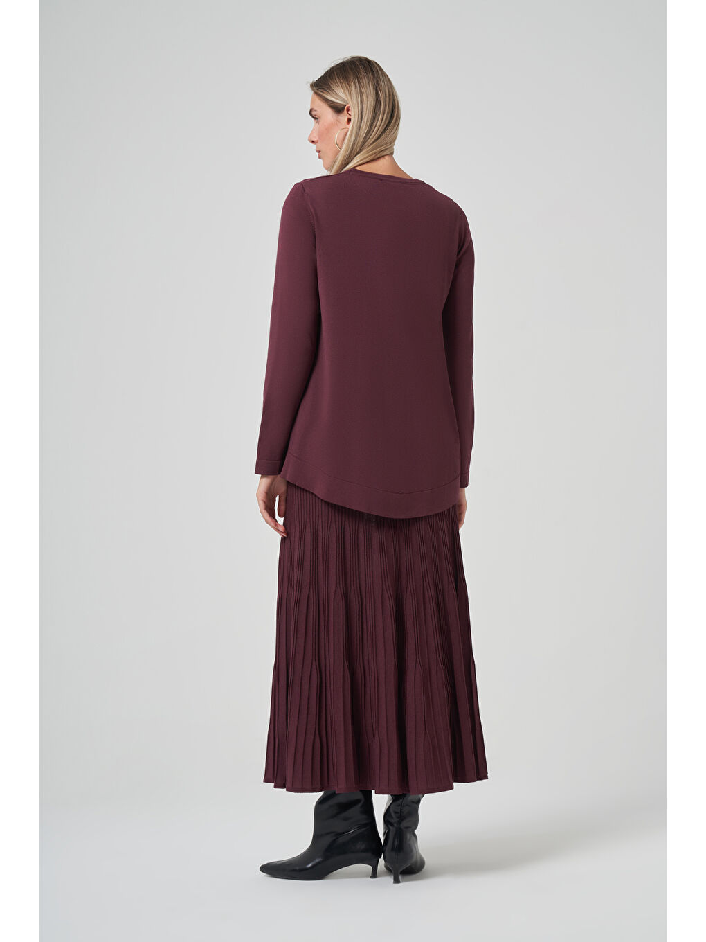 Kırmızı Taş Detay Etekli Triko Takım 1352 Vişne-2