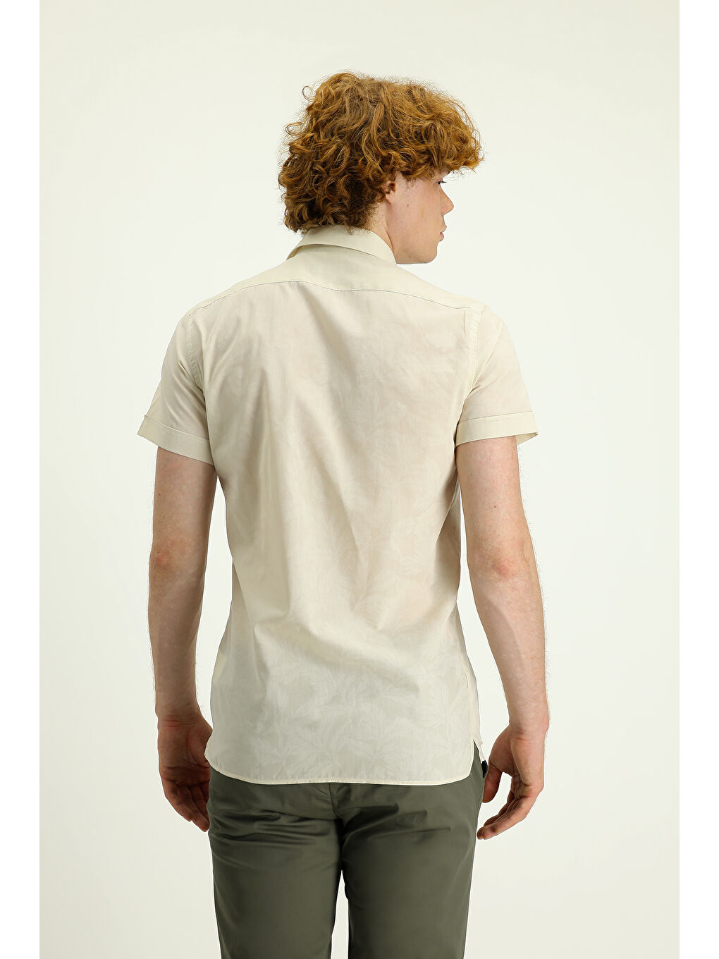 Ekru Kısa Kol Slim Fit Dar Kesim Baskılı Pamuk Gömlek-2