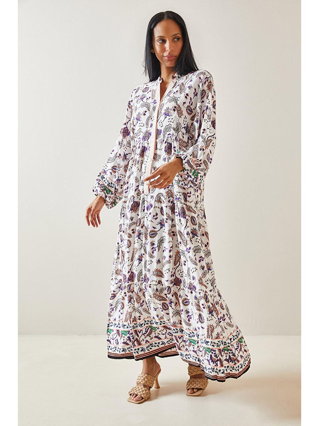 Pembe Pudra Çiçek Desenli Balon Kol & Düğmeli Maxi Elbise 5YXK6-48258-50