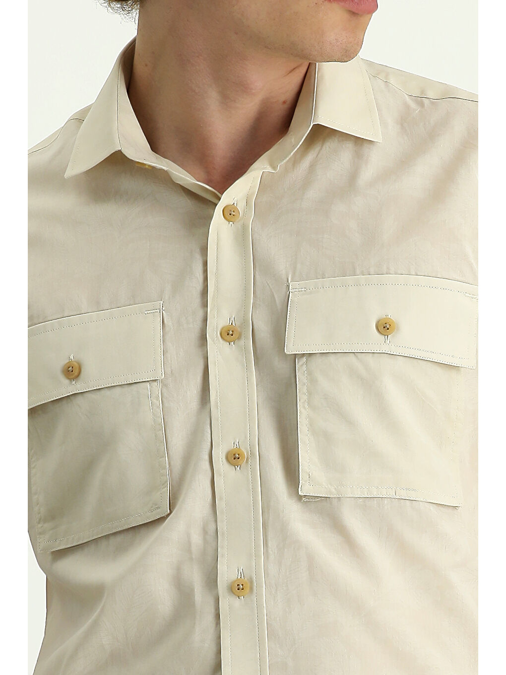 Ekru Kısa Kol Slim Fit Dar Kesim Baskılı Pamuk Gömlek-3