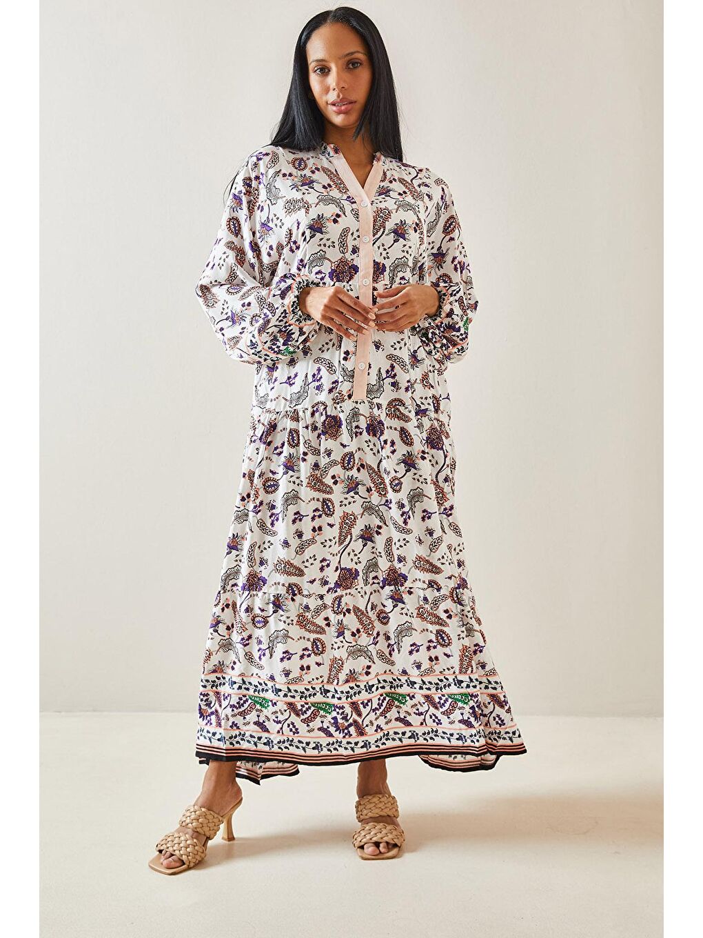 Pembe Pudra Çiçek Desenli Balon Kol & Düğmeli Maxi Elbise 5YXK6-48258-50-1