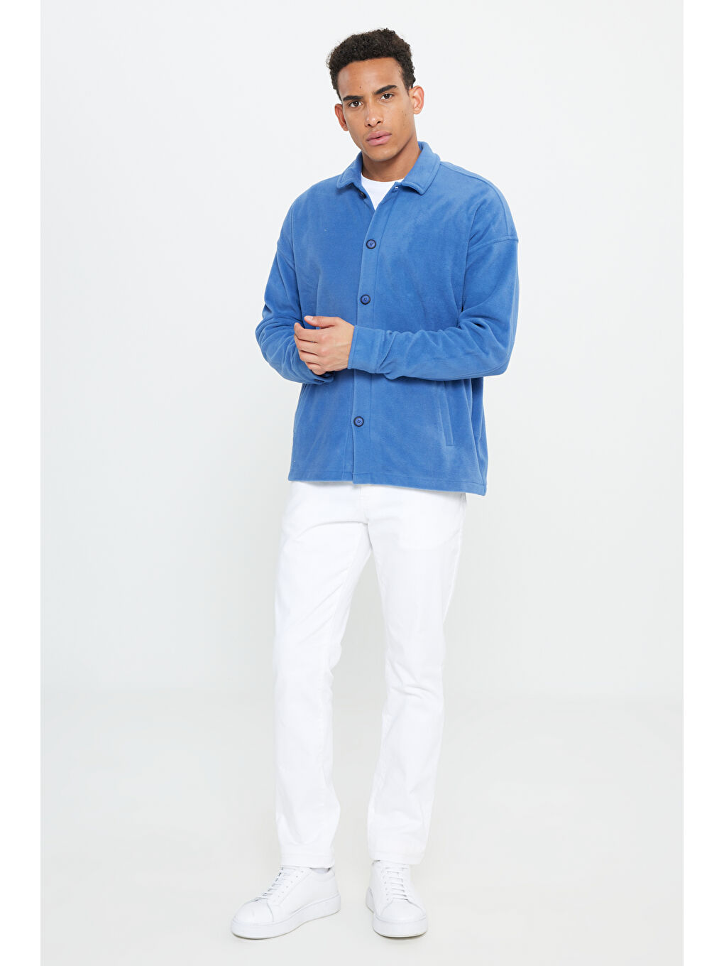 Erkek İndigo Oversize Fit Geniş Kesim Klasik Yaka Tüylenme Yapmayan Kışlık Rahat Polar Gömlek-1