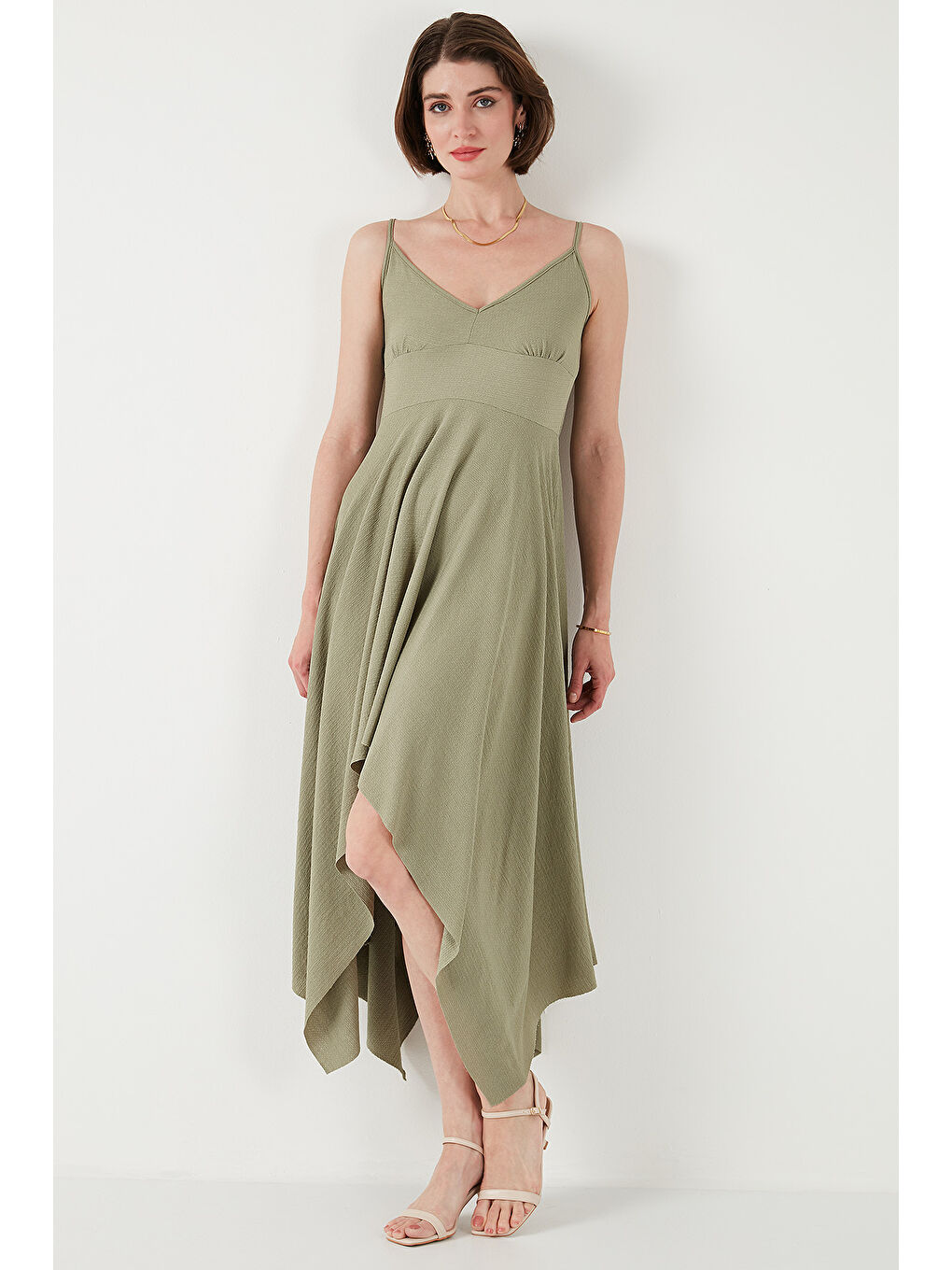 Yeşil Asimetrik Kesim Regular Fit Midi Boy Askılı V Yaka Elbise 5866131-4