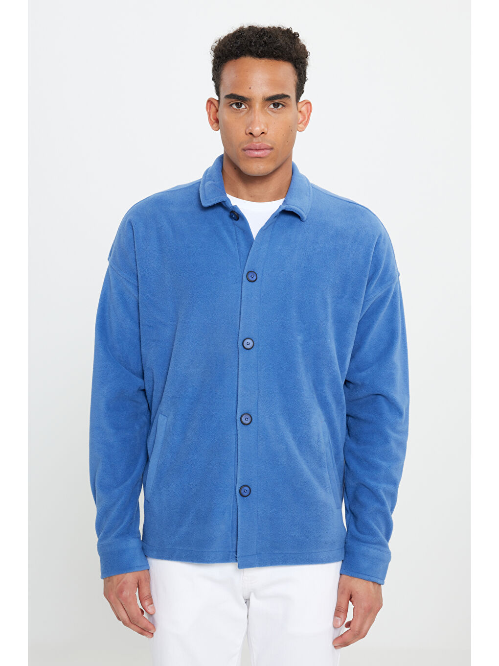 Erkek İndigo Oversize Fit Geniş Kesim Klasik Yaka Tüylenme Yapmayan Kışlık Rahat Polar Gömlek-2