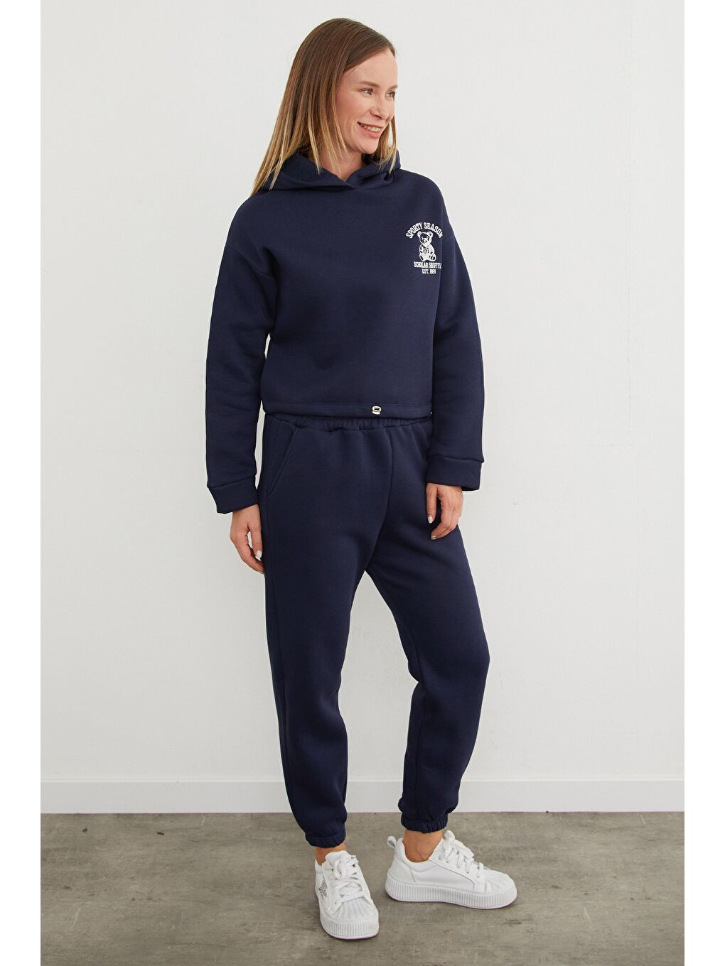 Lacivert 3 İplik Ayıcık Nakışlı Kapüşonlu Jogger Eşofman Takımı-1