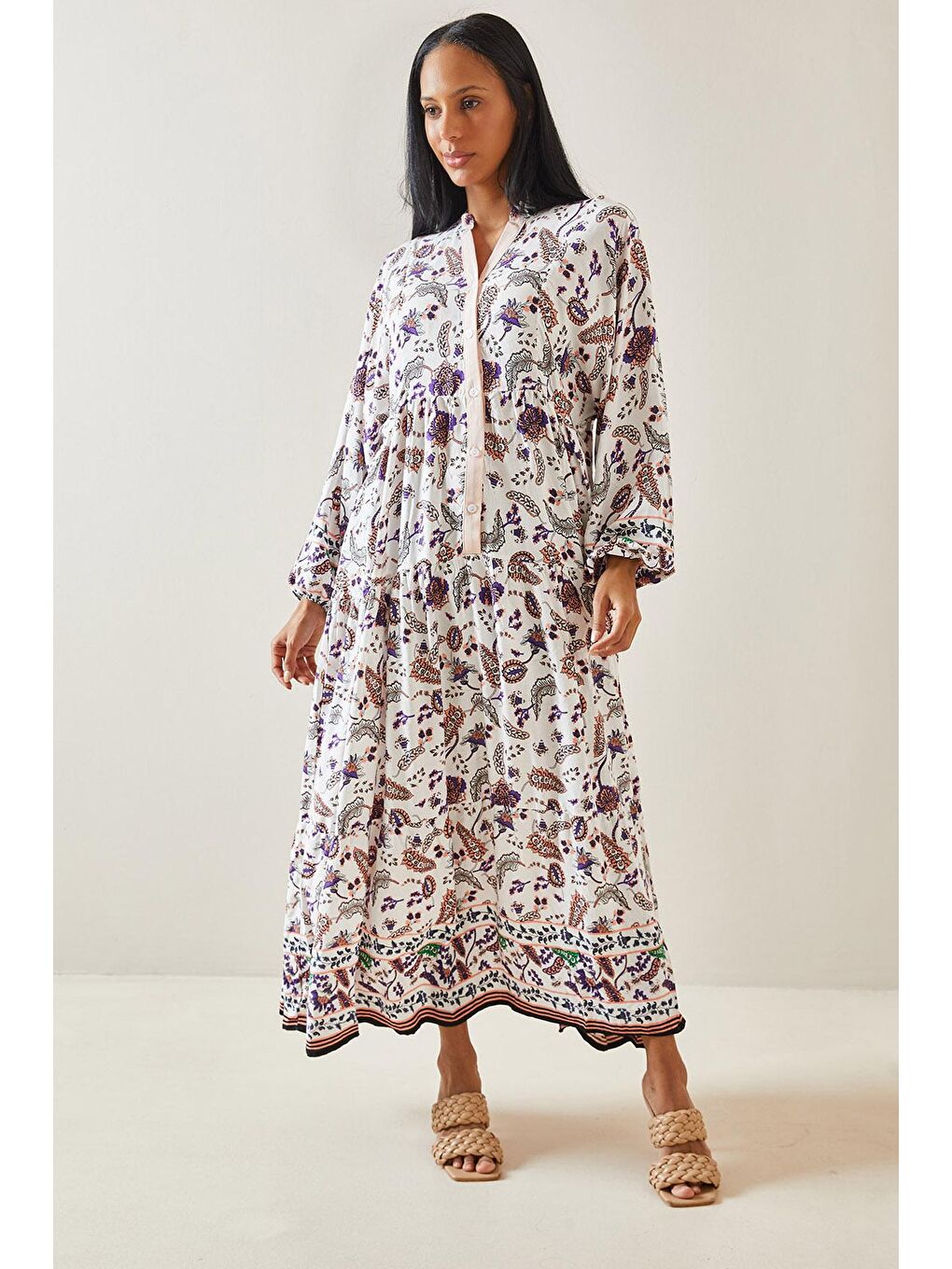 Pembe Pudra Çiçek Desenli Balon Kol & Düğmeli Maxi Elbise 5YXK6-48258-50-2