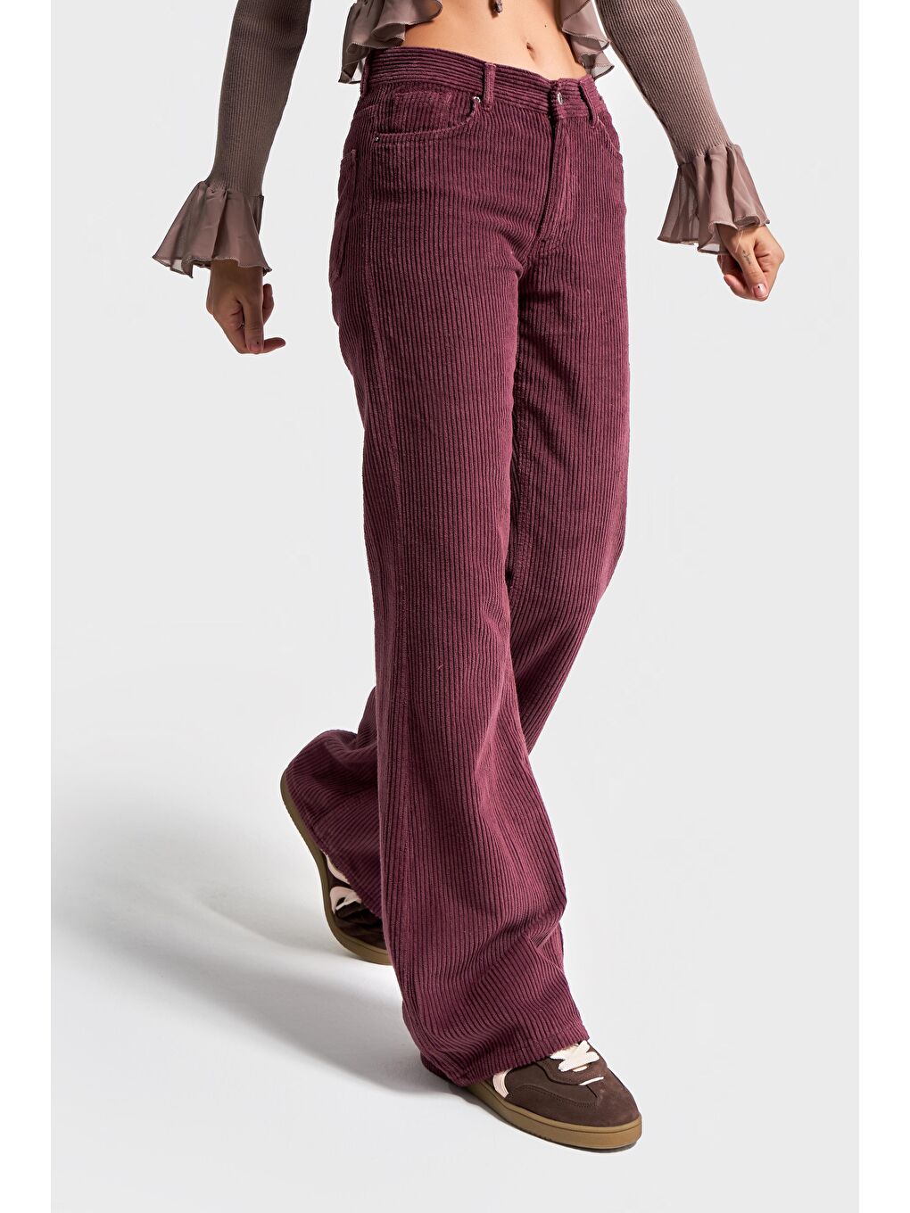 Bordo Kadın Mürdüm Renk 29w5-52 Midrise Flare Fit Kalın Fitilli Velvet Kumaş Kadife Pantolon