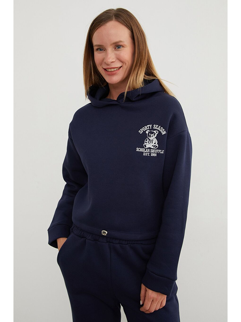 Lacivert 3 İplik Ayıcık Nakışlı Kapüşonlu Jogger Eşofman Takımı-2