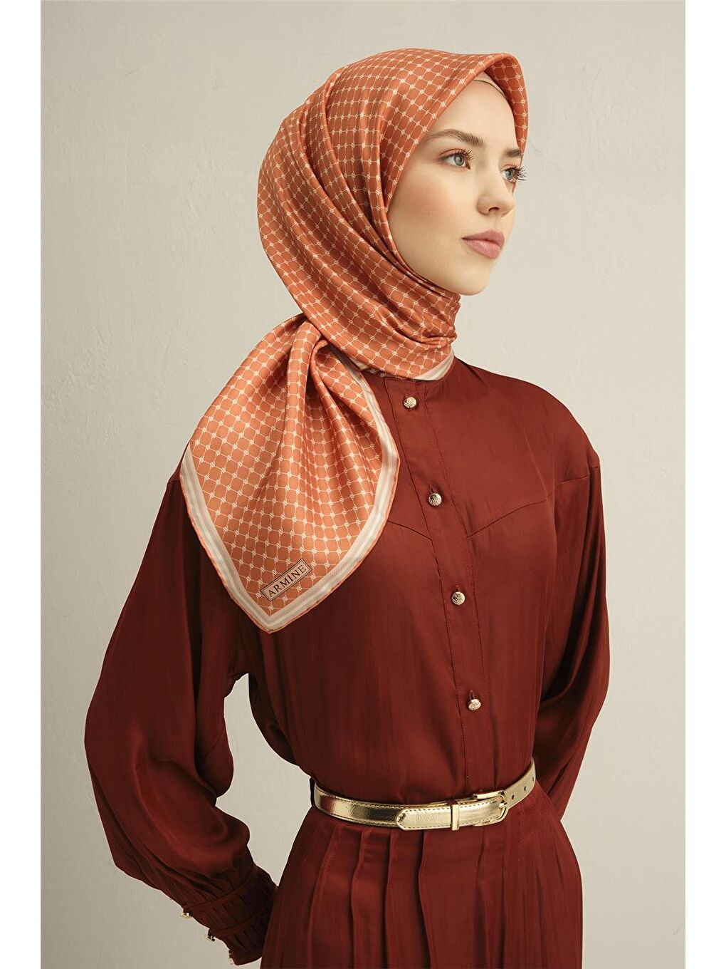 Turuncu Klasik Desenli Saf İpek Sura Eşarp 9345 05-1