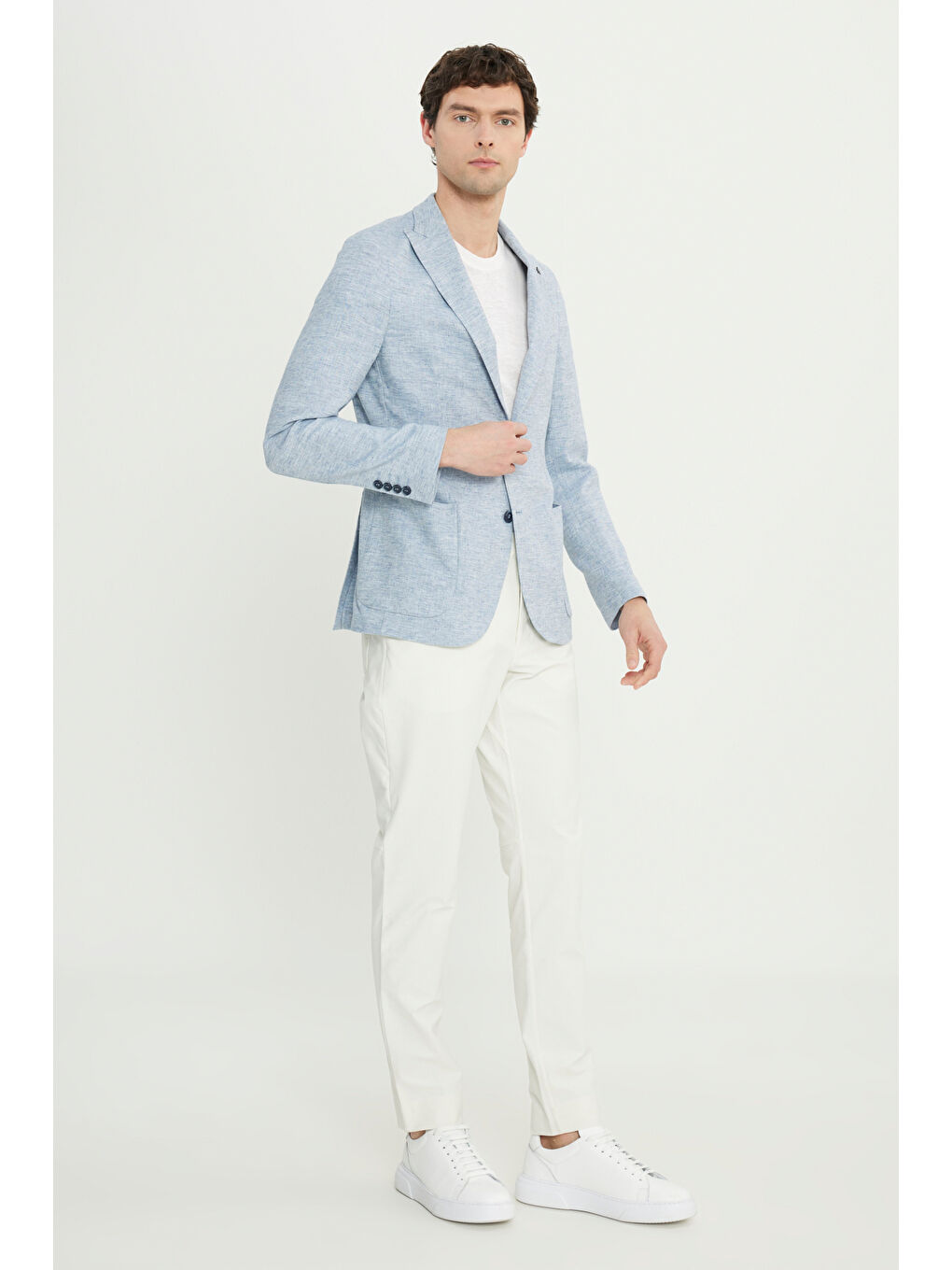 Erkek Mavi Keten Slim Fit Dar Kesim Kırlangıç Yaka Balıksırtı Desenli Blazer Ceket-1