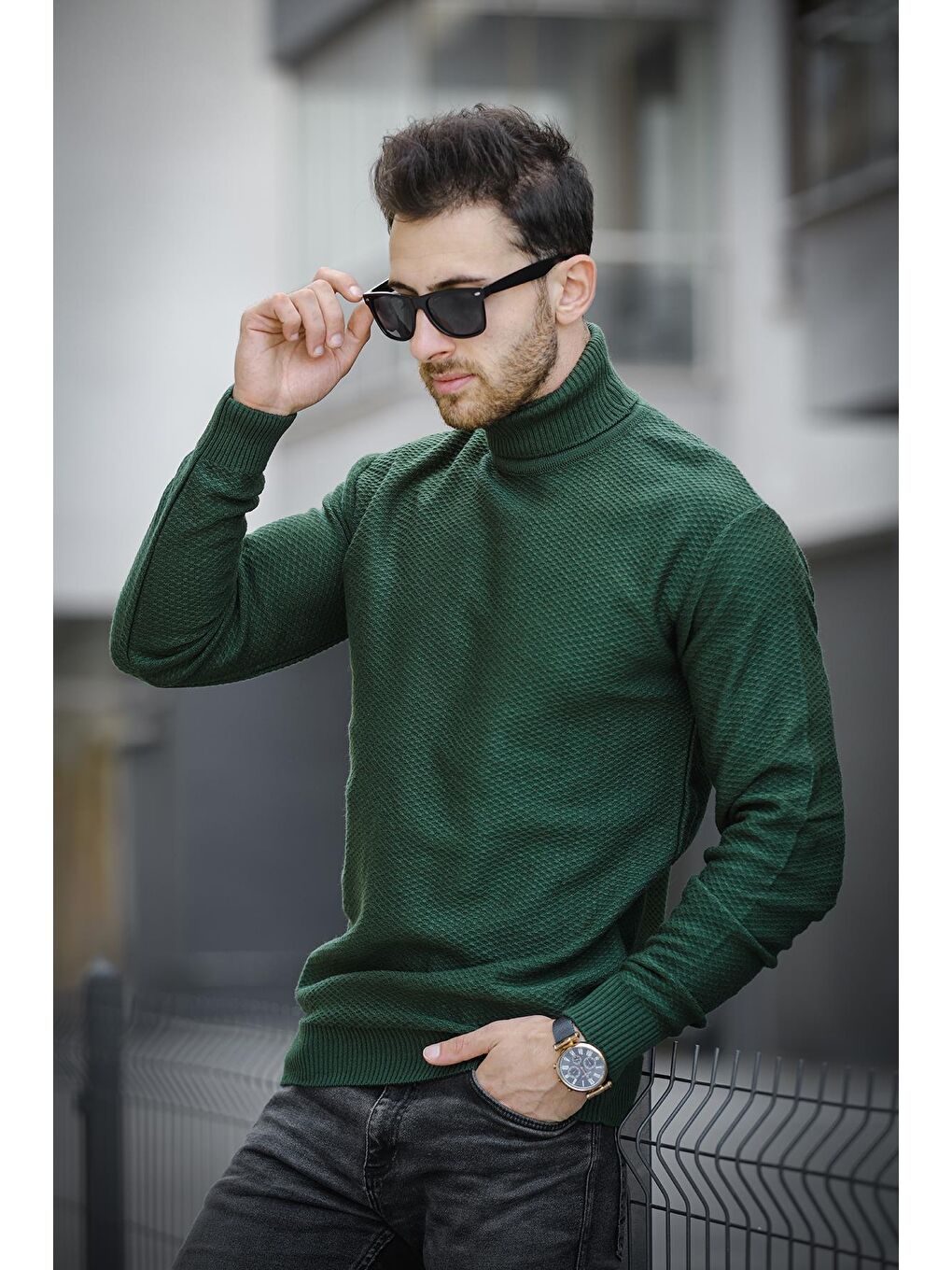 Oksit Yeşil Seka 500 Slim Fit Petek Örgü Erkek Tam Balıkçı Kazak