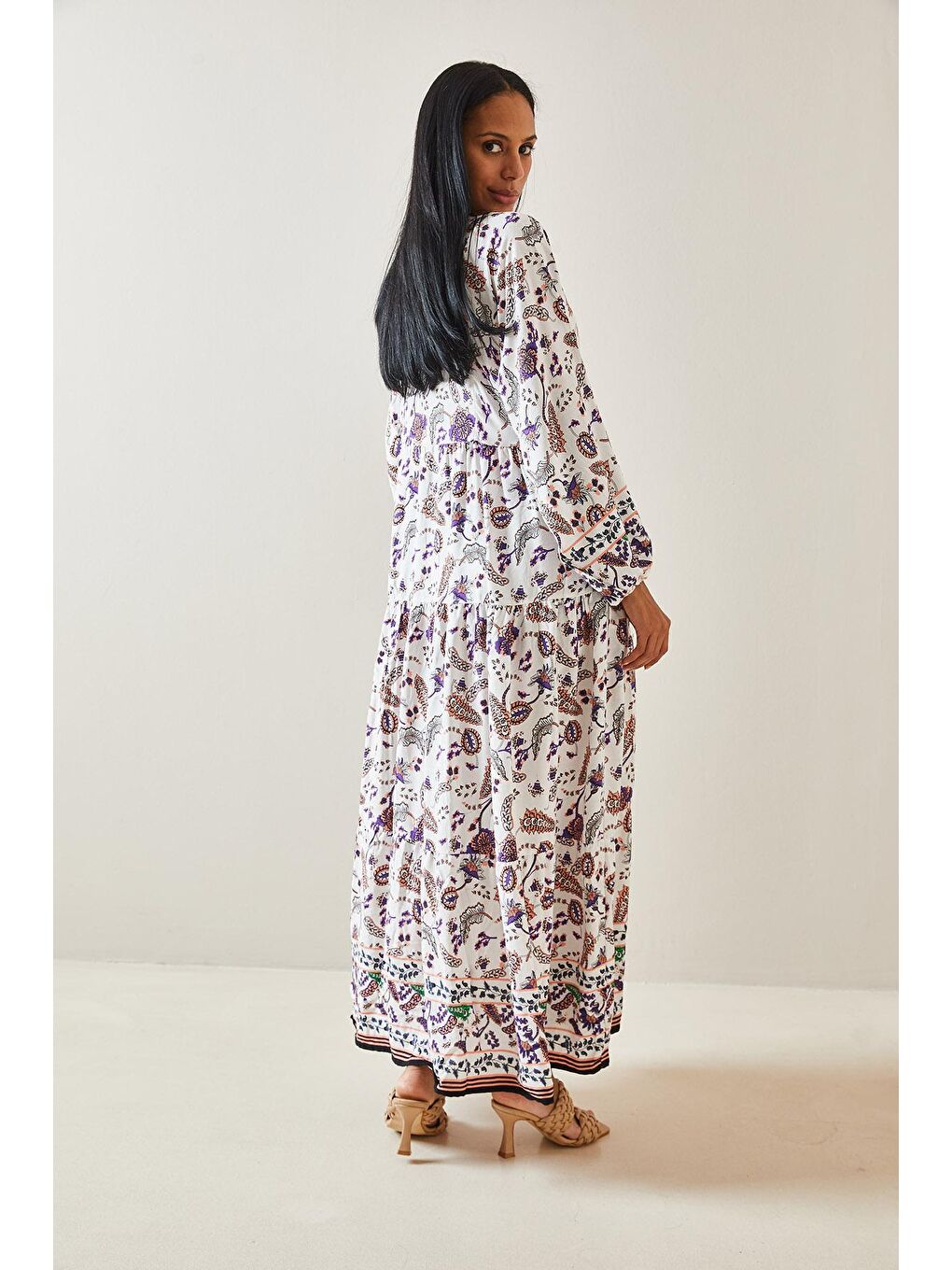 Pembe Pudra Çiçek Desenli Balon Kol & Düğmeli Maxi Elbise 5YXK6-48258-50-3