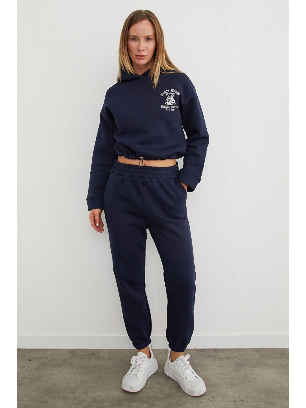 Lacivert 3 İplik Ayıcık Nakışlı Kapüşonlu Jogger Eşofman Takımı-4