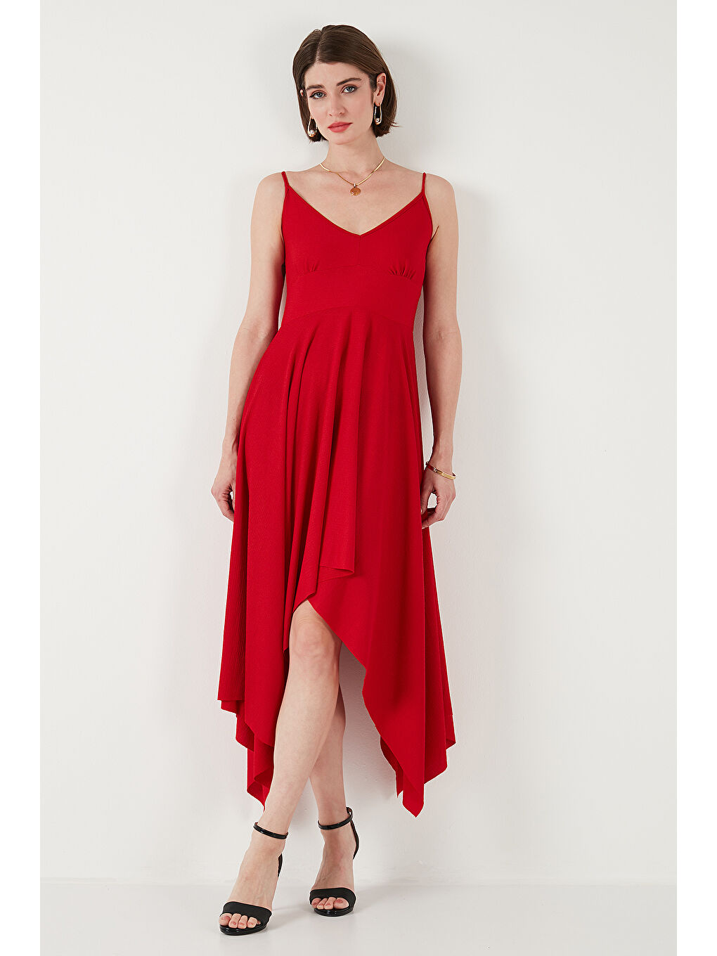 Kırmızı Asimetrik Kesim Regular Fit Midi Boy Askılı V Yaka Elbise 5866131-2
