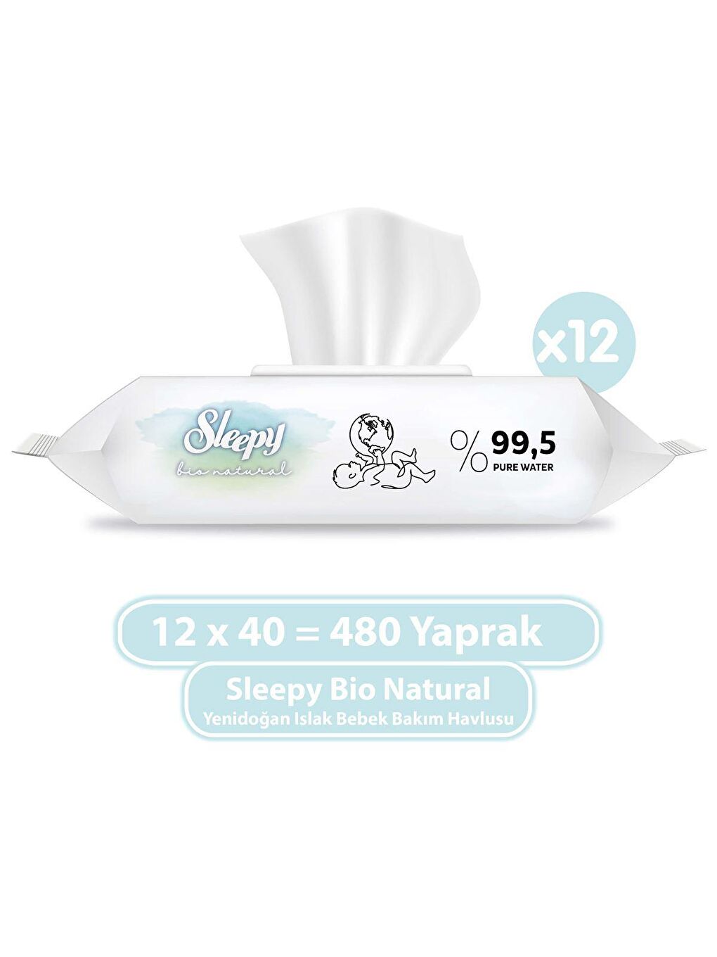 Sleepy Beyaz 12'li Paket Bio Natural Yenidoğan Islak Bebek Bakım Havlusu 12x40 (480 Yaprak)