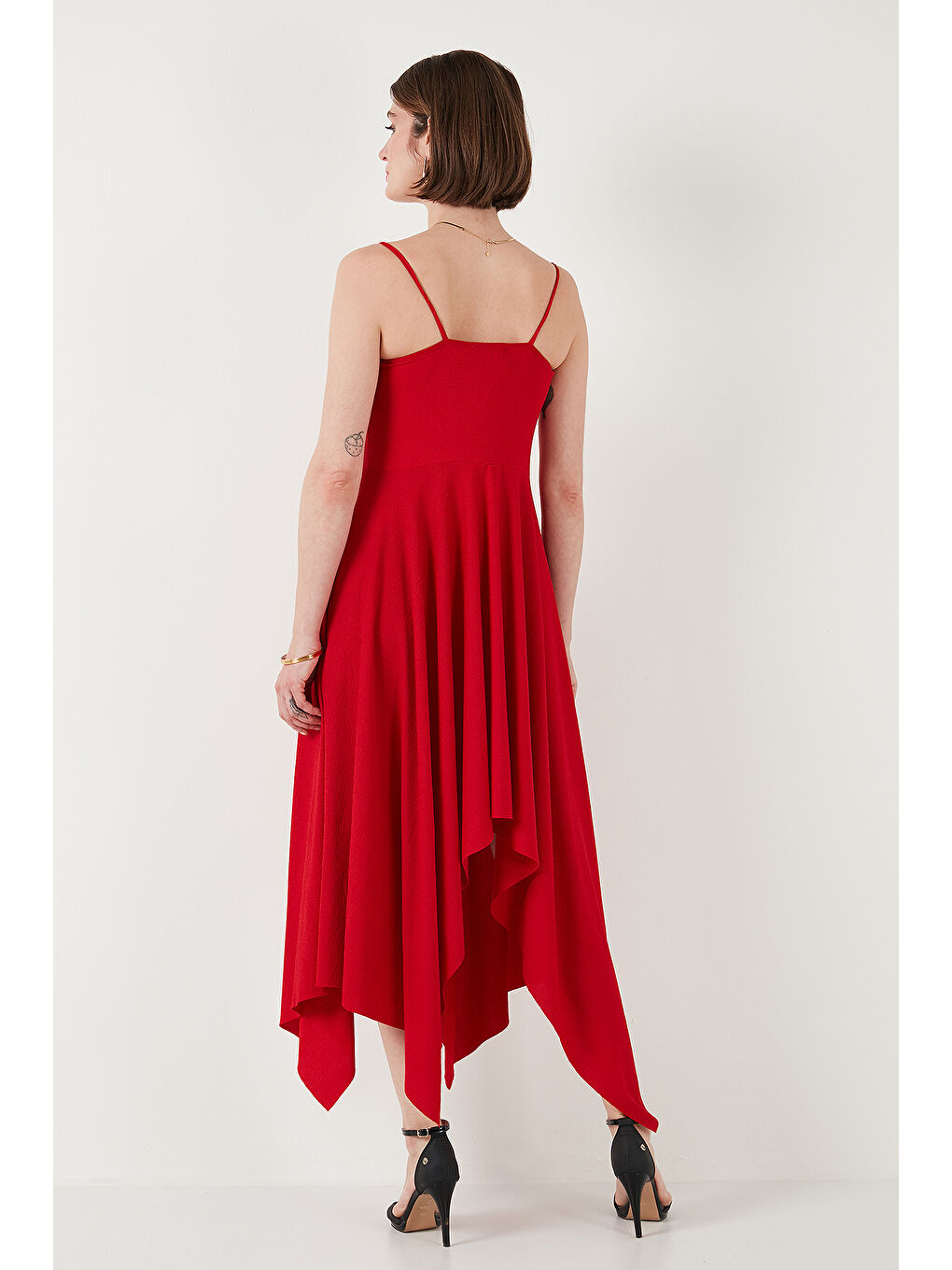 Kırmızı Asimetrik Kesim Regular Fit Midi Boy Askılı V Yaka Elbise 5866131-6