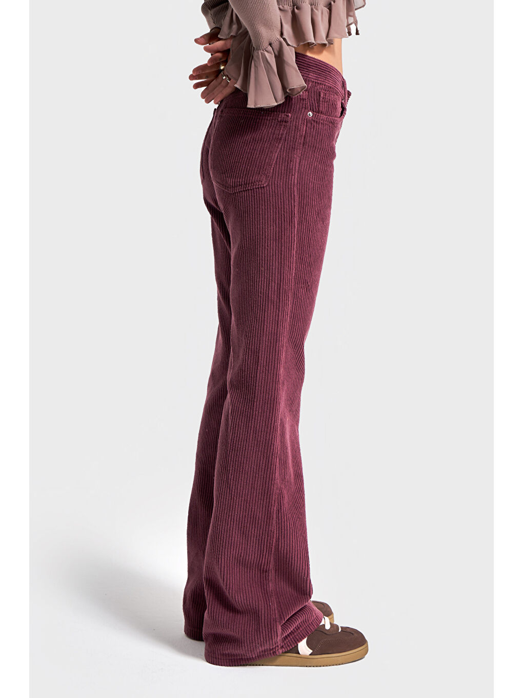 Bordo Kadın Mürdüm Renk 29w5-52 Midrise Flare Fit Kalın Fitilli Velvet Kumaş Kadife Pantolon-1
