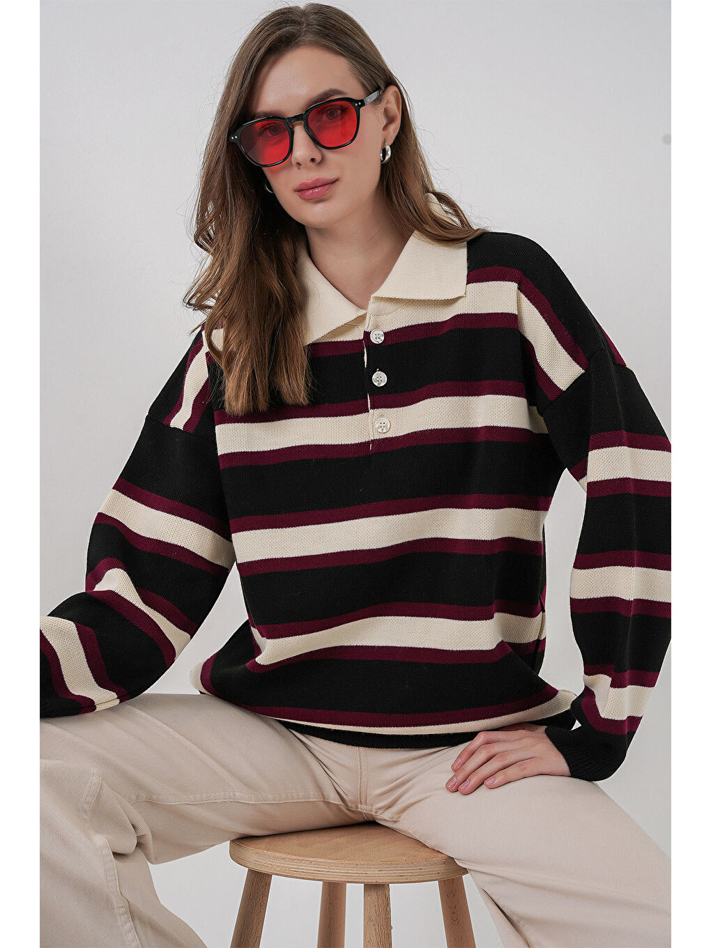 Kadın Çizgili Polo Yaka Triko Kazak 15952 - Siyah