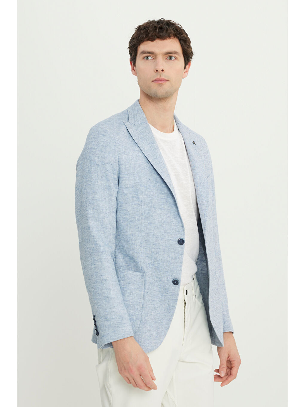 Erkek Mavi Keten Slim Fit Dar Kesim Kırlangıç Yaka Balıksırtı Desenli Blazer Ceket-2