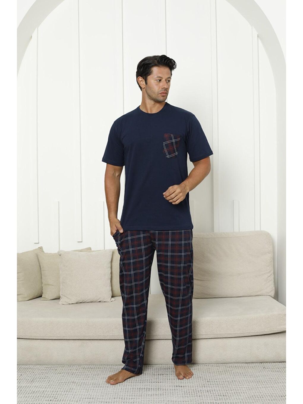 Lacivert Erkek %100 Organik Doğal Pamuk Ekose Cep Detaylı Yüksek Kalite Kısa Kollu Pijama Takımı