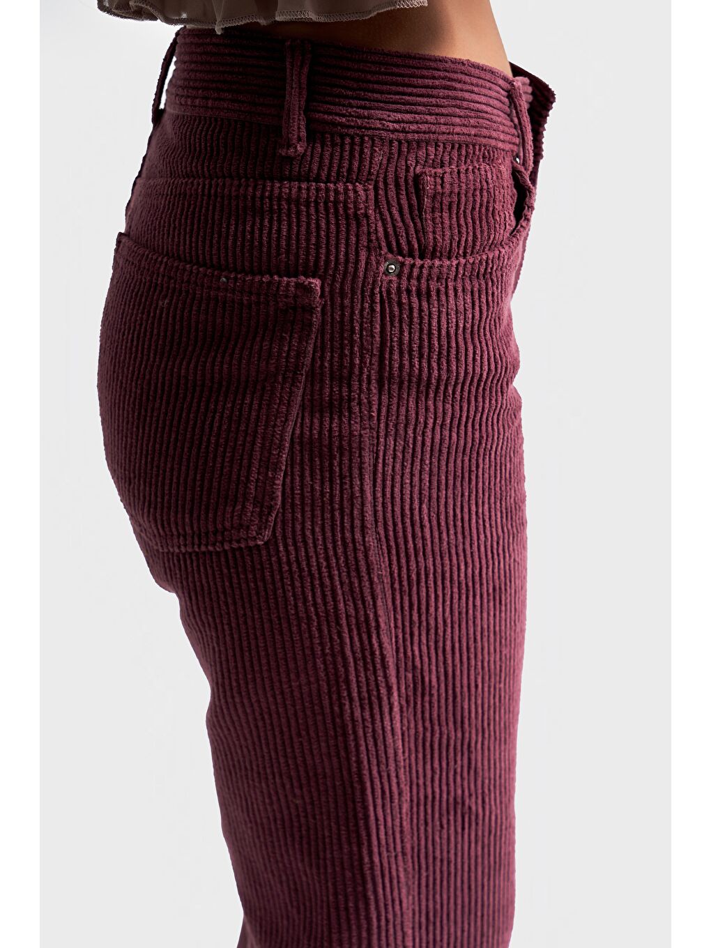 Bordo Kadın Mürdüm Renk 29w5-52 Midrise Flare Fit Kalın Fitilli Velvet Kumaş Kadife Pantolon-3