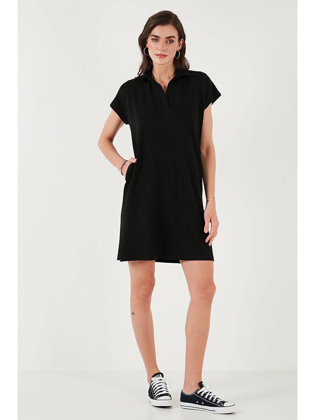 Siyah Regular Fit Polo Yaka Mini Elbise 5866153-3