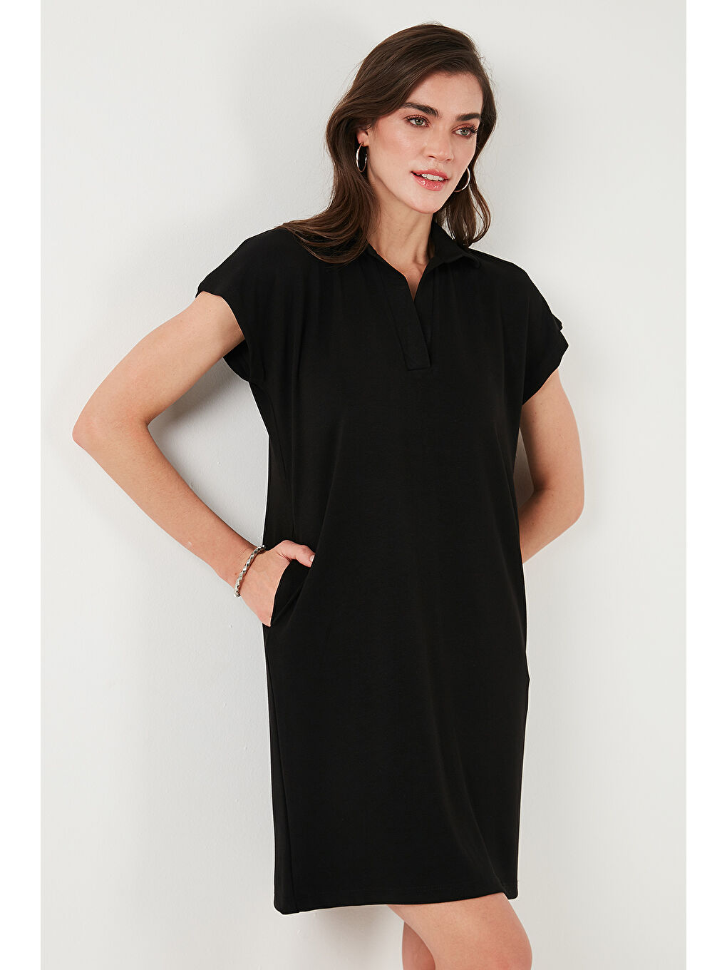 Siyah Regular Fit Polo Yaka Mini Elbise 5866153-4