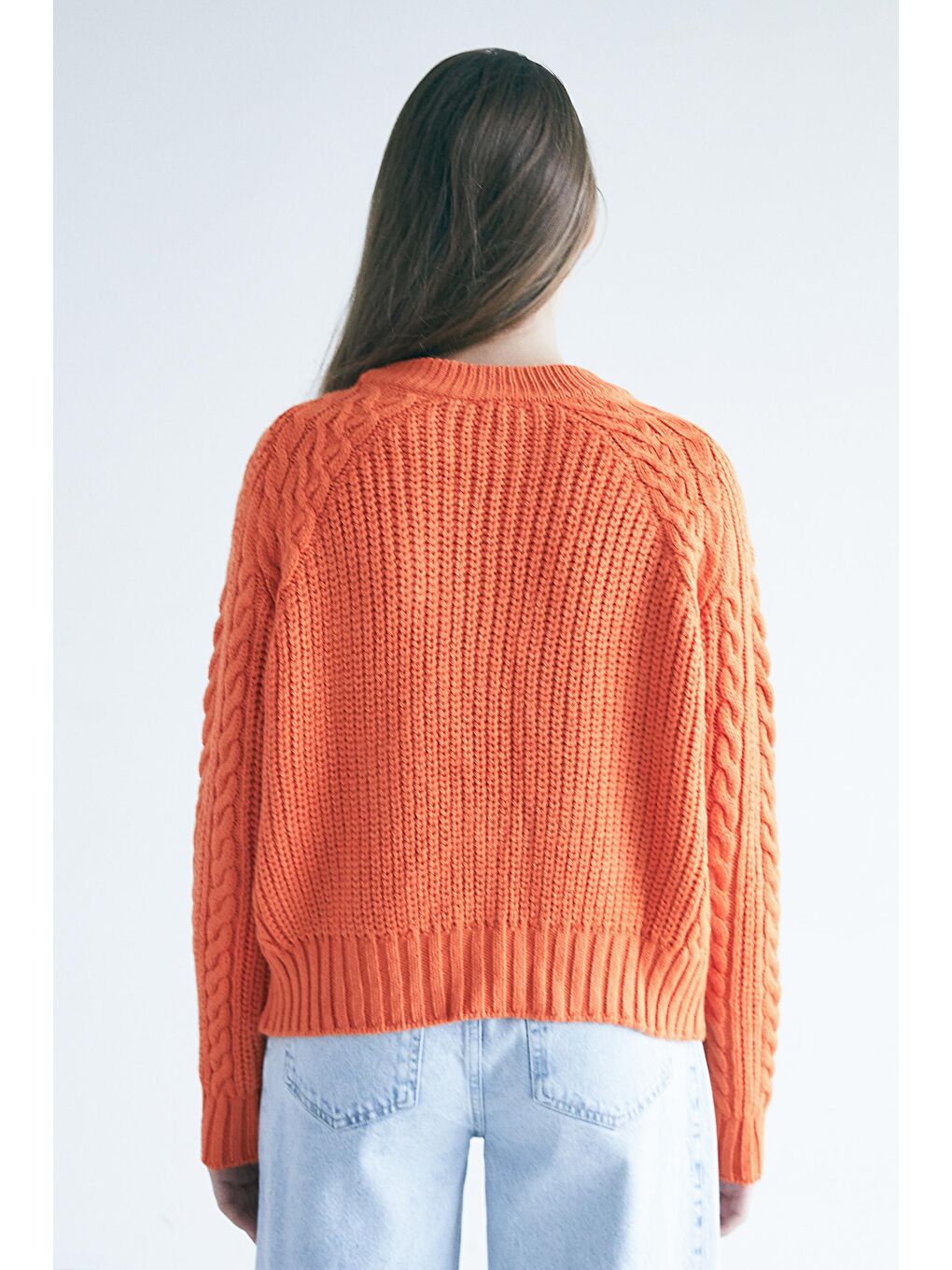 Turuncu Bisiklet Yaka Saç Örgülü Yumuşak Tuşeli Kazak-3