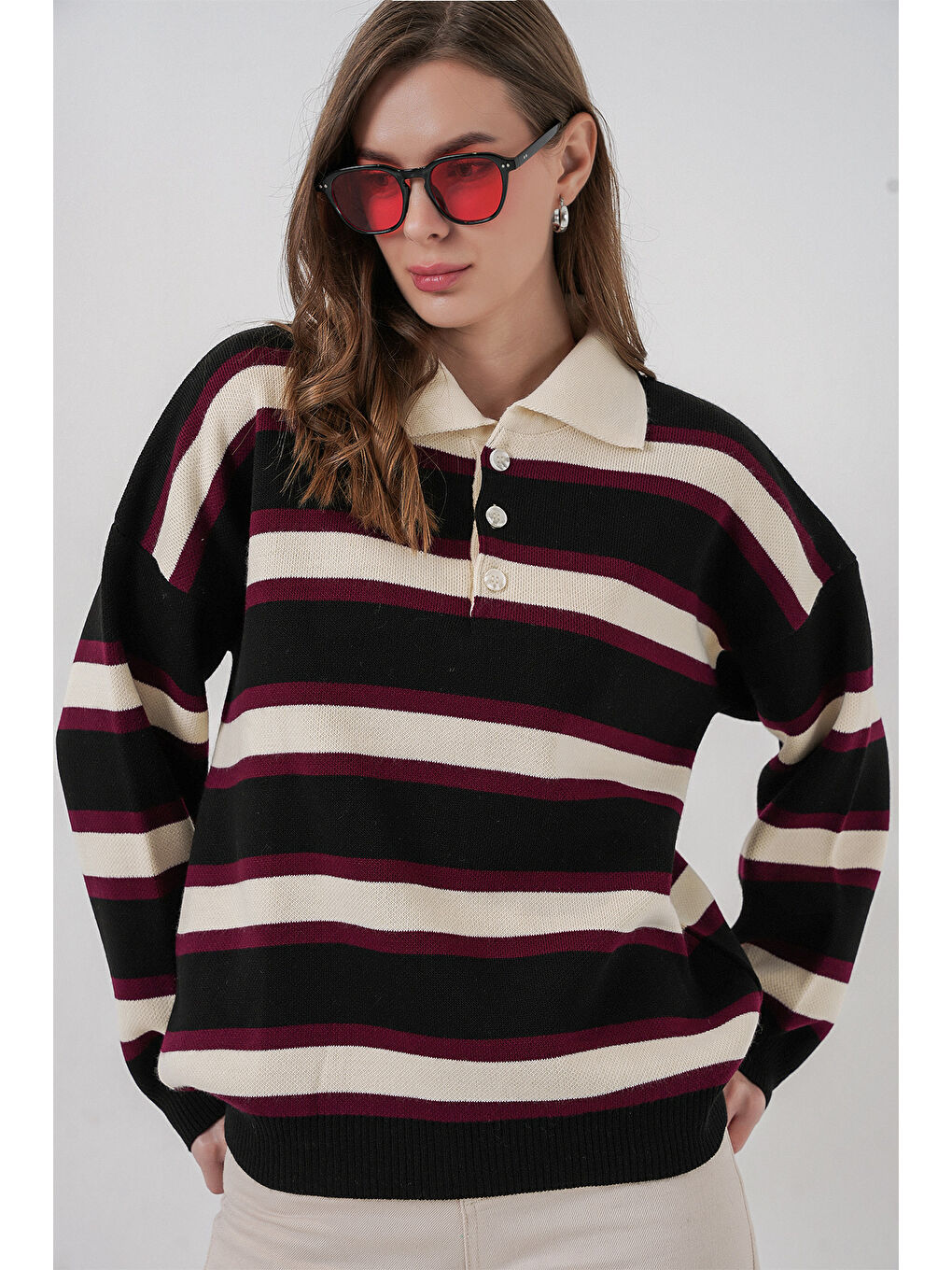 Kadın Çizgili Polo Yaka Triko Kazak 15952 - Siyah-1